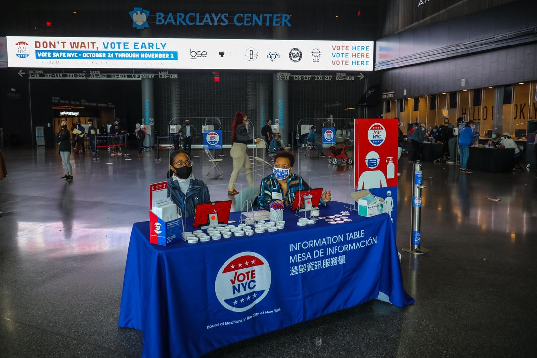 an information desk for voters at the Barclays Center